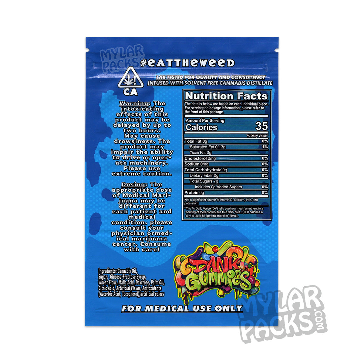 Dank Gummies Blue 500mg Empty Mylar Bag Gummy Edibles Packaging